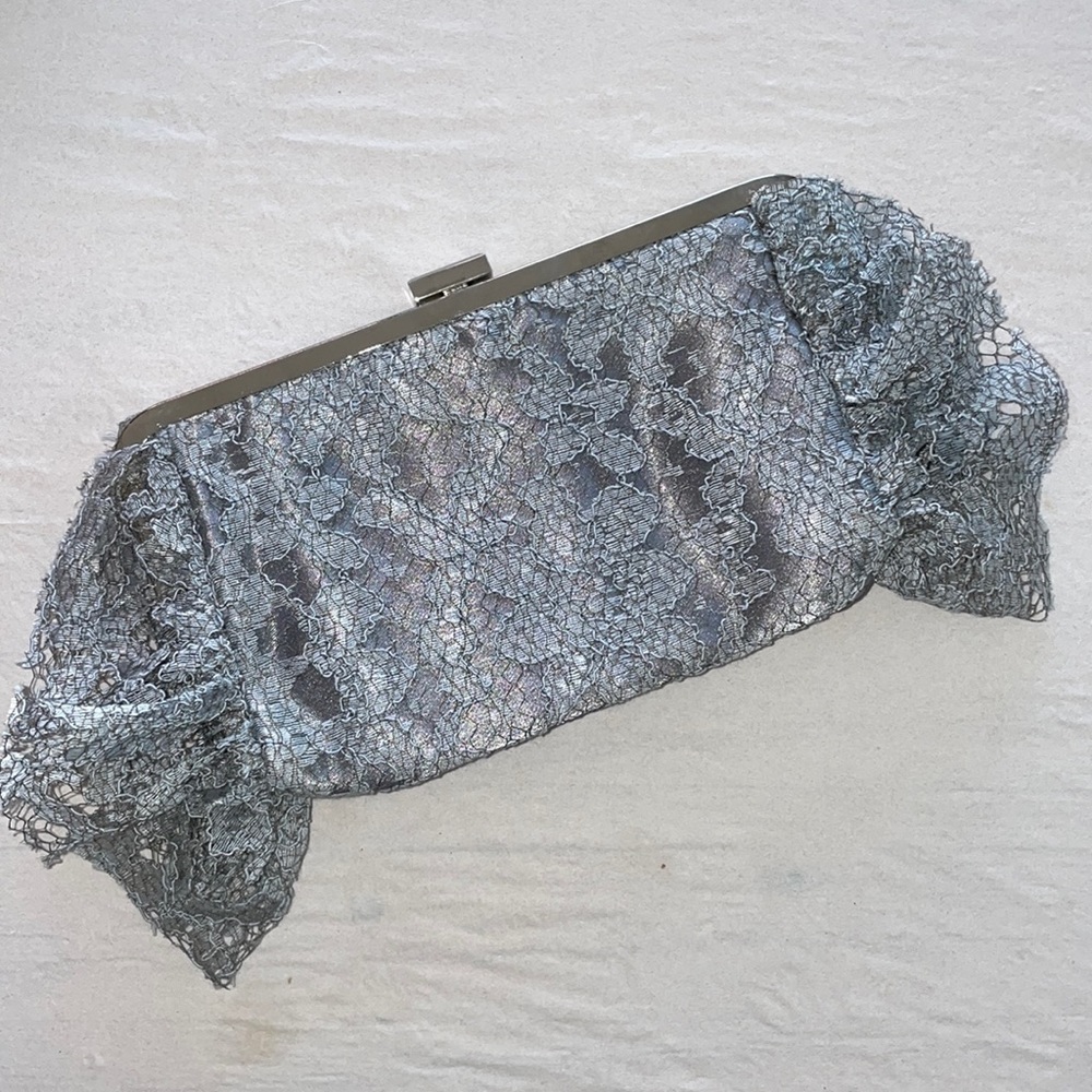 Grey lace clutch/ black plastic chain handbag